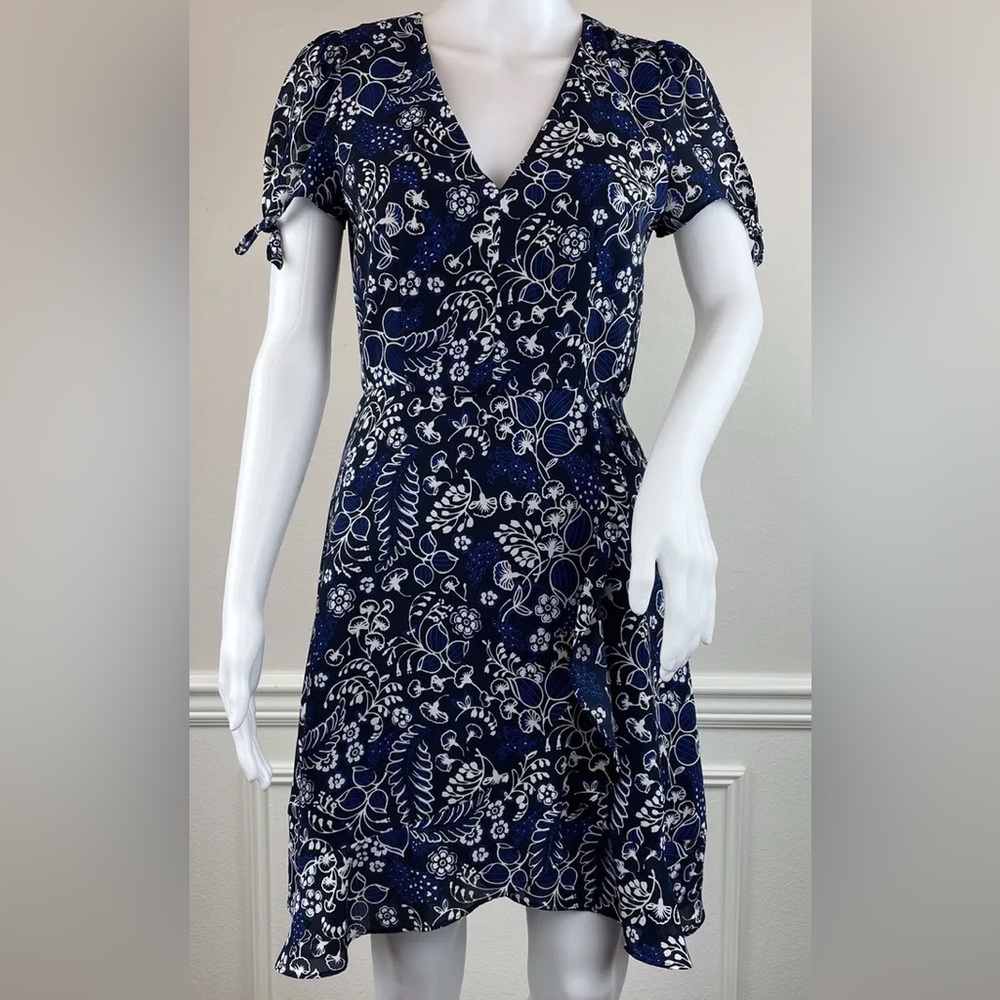 J Crew Blue Floral Ruffle Faux Wrap Dress
